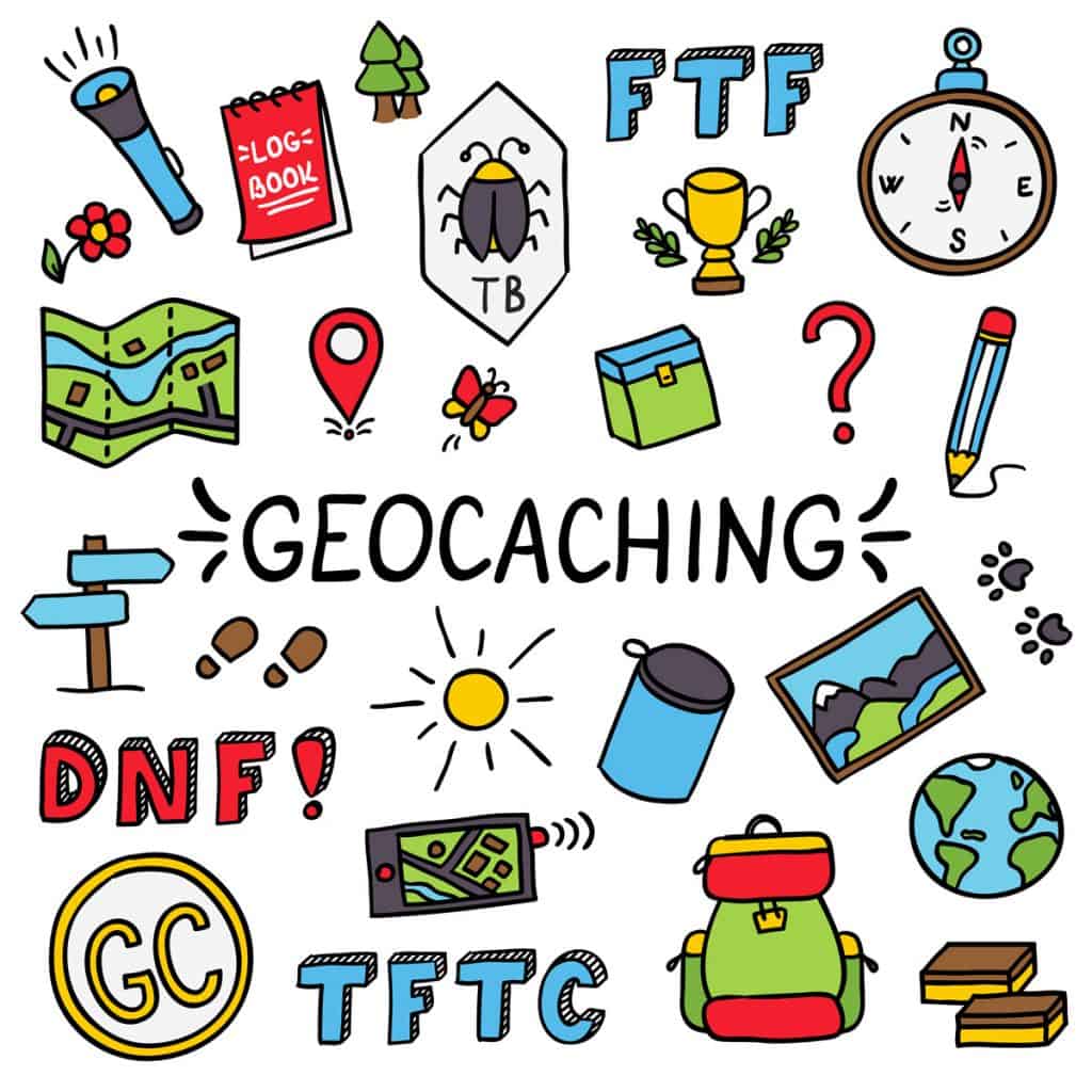 Image of geocaching related items including a pencil, flask, globe, backpack and footprints.